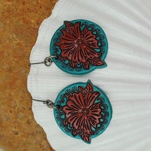 Justin Boots Turquoise & Red Tooled Leather Drop Earrings Light Weight